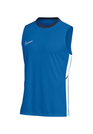 Maglietta sportiva smanicata blu con colletto nero e pannelli laterali bianchi, con piccolo logo Nike bianco sul petto.