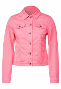 Pink denim jacket with long sleeves, button front closure, two buttoned chest pockets, and a classic collar.