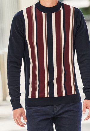 Homme portant un pull bleu marine à rayures verticales bordeaux, marron, crème et bleu marine, associé à un pantalon bleu foncé.