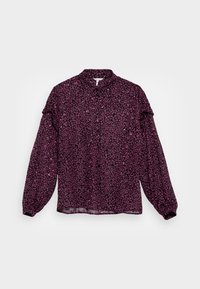 Blusa sheer roxa com padrão floral, frente com botões, colarinho e mangas longas franzidas. Tecido suave com um acabamento leve.