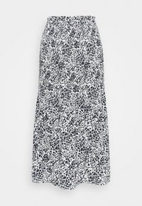 Sort og hvid midt-længde nederdel med elastisk talje og uregelmæssig abstrakt pletmønster, flydende stof.