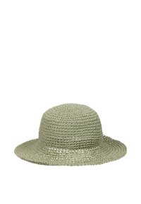 Straw hat in light green, round crown, wide brim, textured crochet design with open weave details, lightweight and flexible material.