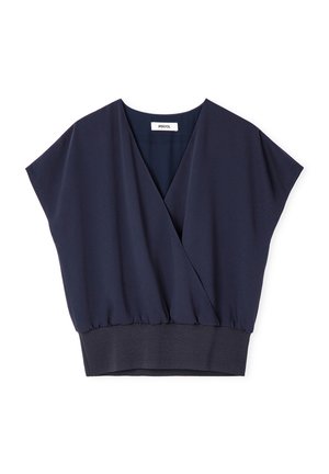 Blusa blu navy a maniche corte con scollo a V a incrocio e ampia fascia a coste all'orlo, mostrata distesa su sfondo bianco.