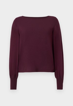 Bordeauxfarbenes Longsleeve-Oberteil aus weichem Stoff. Verfügt über einen lockeren Schnitt, einen runden Halsausschnitt und gerippte Bündchen. Einfaches Design ohne Muster.