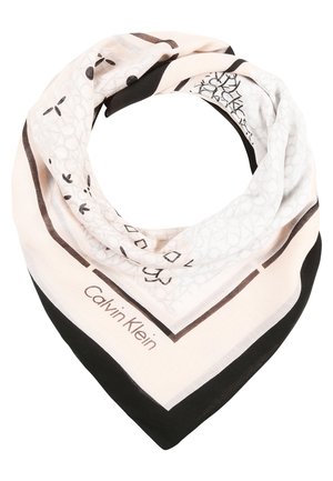 Cream, black, and white patterned square scarf with Calvin Klein logo on the border, folded in a loop.