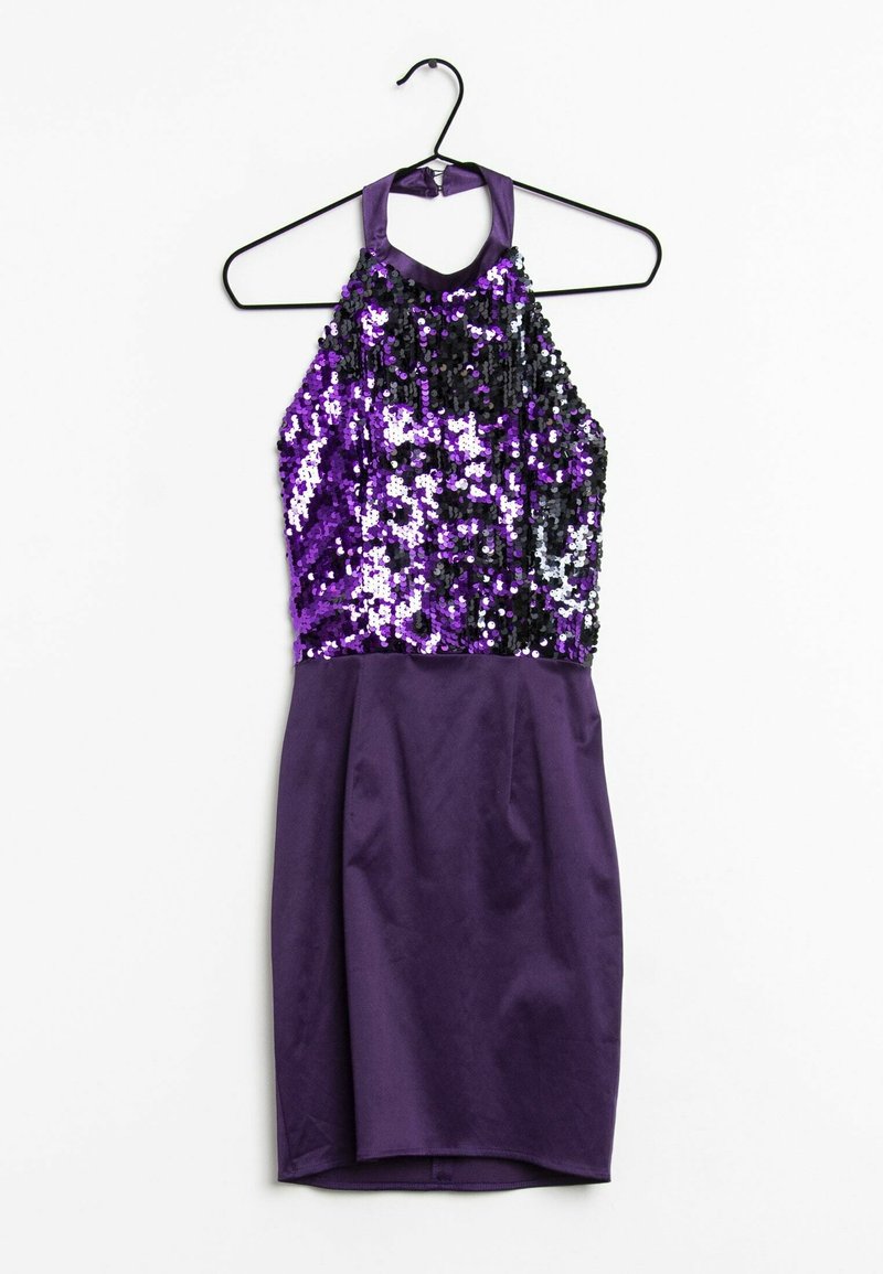 Purple sequined dress with halter neck design. Top features black and purple sequins; skirt is a smooth, dark purple fabric.