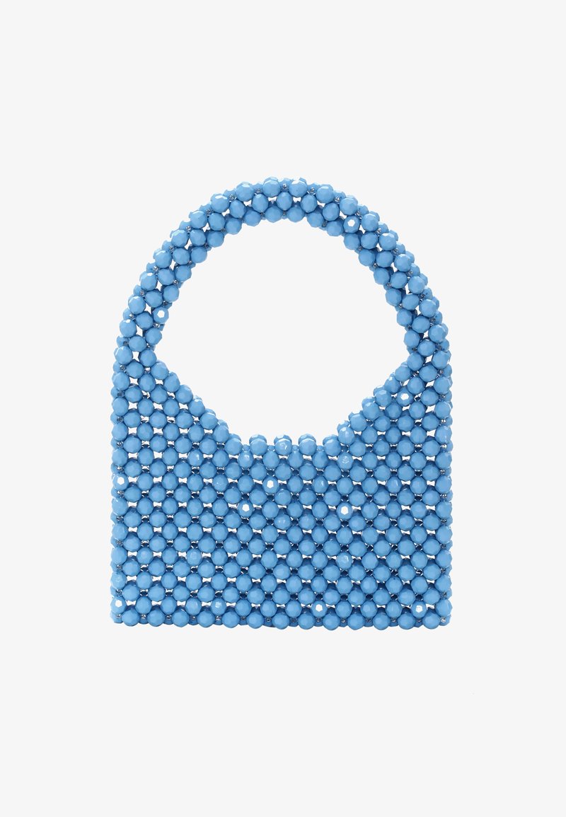 Niebieska torebka na koralikach z zaokrąglonym uchwytem, wykonana z małych błyszczących koralików w jednolitym wzorze. Model typu open top; brak widocznego zapięcia.