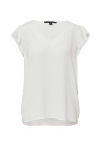Witte blouse met korte mouwen en een V-halsontwerp, gemaakt van luchtige stof. Kenmerkt zich door een gebogen zoom en subtiele stikdetails langs de mouwen.