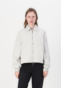 Hellgraue Bomberjacke mit hohem Kragen, elastischen Bündchen und Reißverschluss. Verfügt über eine lockere Passform und eine glatte Textur.