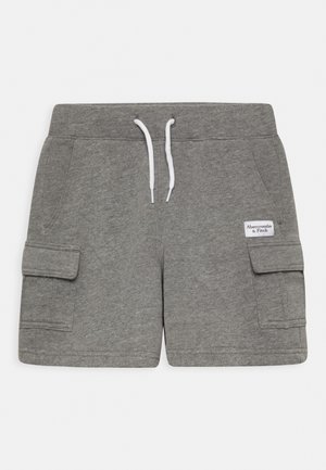 Szare szorty cargo z białym sznurkiem, dwoma przednimi kieszeniami i małą metką Abercrombie & Fitch na prawej kieszeni.