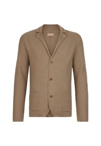 Beige stickad cardigan med tre bruna knappar, spetskrage, långa ärmar och två framfickor.