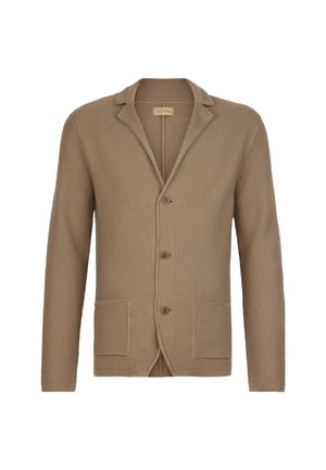 Beige stickad cardigan med tre bruna knappar, spetskrage, långa ärmar och två framfickor.