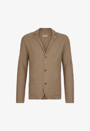 Beige stickad cardigan med tre bruna knappar, spetskrage, långa ärmar och två framfickor.