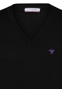 Mustmust V-kaelusega sviiter ribitud tekstuuriga; vasakul rinnal on väike lilla kolibri logo. Brändi silt: Felix Hardy.
