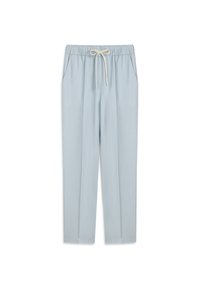 Pantaloni casual blu chiaro con vita elastica e coulisse bianca, dotati di tasche laterali e vestibilità a gamba dritta.