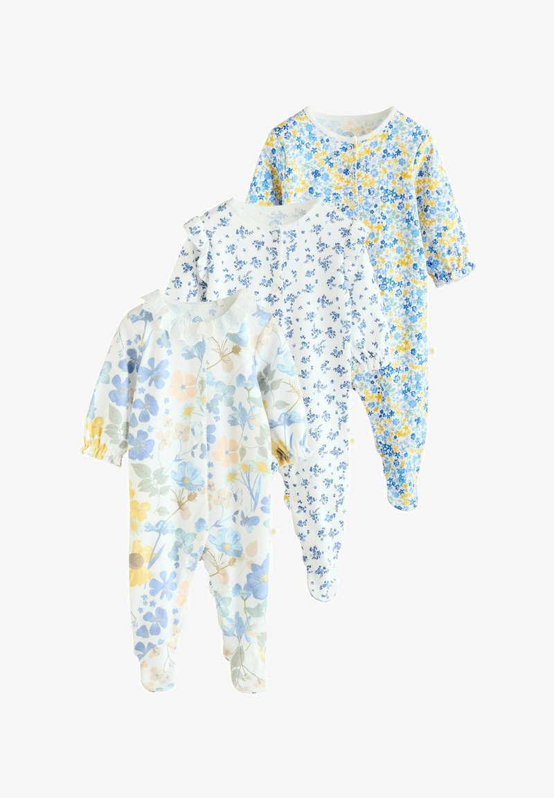 Trois pyjamas bébé à manches longues avec pieds, ornés de motifs floraux en bleu pastel, jaune et blanc, chacun avec des designs floraux et des détails de col différents.