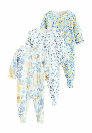 Tre baby-onesies med blomsterprint i blød bomuld, der har forskellige blå og gule blomster, flæser ved kraven og trykknaplukninger.