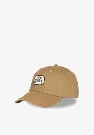 Casquette de baseball beige avec une visière incurvée et un patch logo "Von Dutch" brodé à l'avant.