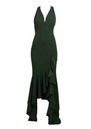Green evening dress with a deep V-neck, fitted bodice, and asymmetrical ruffled hem. Made from smooth, stretchy fabric.