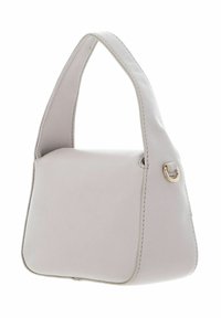 Sac à main en cuir gris de forme arrondie, avec une anse unique et un accent de quincaillerie dorée. Présente des lignes épurées et des surpiqûres contrastantes.