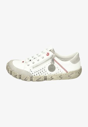 White sneaker with gray accents, perforated design, and red stitching. Features a side zipper and patterned sole. Round logo detail included.