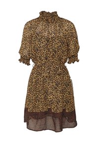 Vestido de estampado de leopardo con mangas abullonadas, cuello con volantes y cintura con cordón. Presenta un dobladillo en capas en marrón oscuro. Tela ligera y transparente.