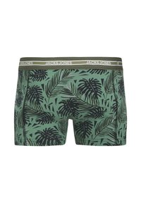 Boxer-Shorts verts avec un motif de feuilles noir, une taille élastique douce avec le logo 'JACK & JONES', et un design ajusté pour le confort.