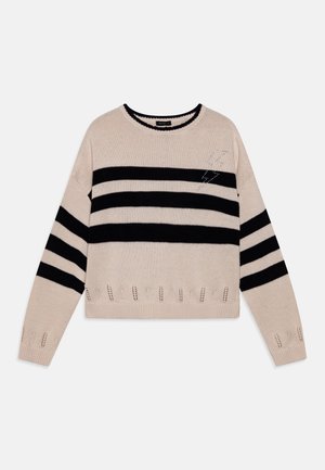 Pull en maille beige avec des rayures horizontales noires sur la poitrine et les manches, col rond, et détails décoratifs en maille aux ourlets et aux poignets.