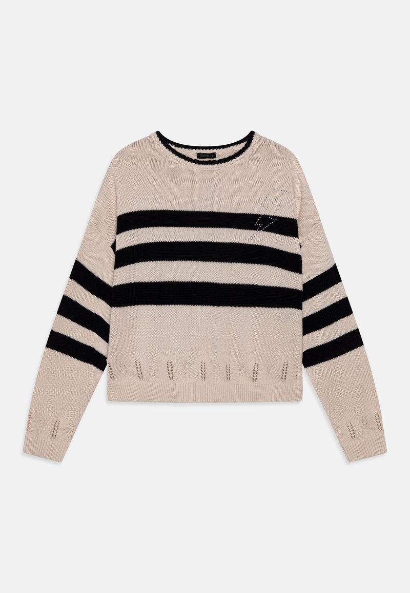 Pull en maille beige avec des rayures horizontales noires sur la poitrine et les manches, col rond, et détails décoratifs en maille aux ourlets et aux poignets.