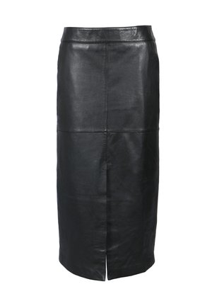 Jupe crayon en cuir noir avec une texture lisse, coupe mi-genoux, design élégant et une fente frontale pour faciliter les mouvements.