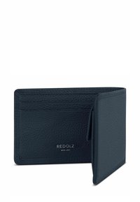 Zwart leren bifold portemonnee met kaartsleuven, deels open, met zichtbare REDOLZ-branding en gestructureerd oppervlak.