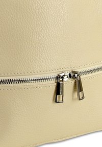 Surface en cuir texturé beige avec une fermeture éclair argentée horizontale dotée de deux tirettes en métal.