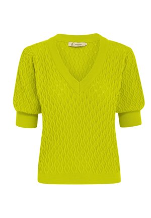 Limegrüner gestrickter Pullover mit V-Ausschnitt, kurzen Puffärmeln und einem strukturierten Wellenmuster, das sich über den gesamten Stoff zieht.