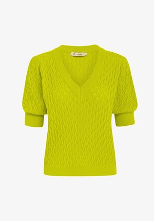 Lime rohelise värvi kootud sviiter, millel on V-kaelus, lühikesed puhvärved ja tekstureeritud lainemuster kogu kangas.