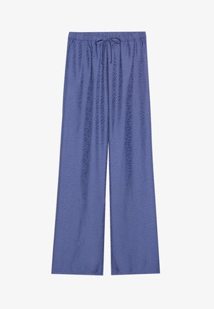 Pantalons taille haute et larges en tissu texturé bleu foncé. Dotés d'une taille à cordon de serrage et d'une finition lisse.