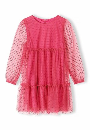 Mädchenkleid in Pink mit langen Ärmeln, transparenter Tupfen-Überlagerung und gestuften Rüschen, mit Reißverschluss auf der Rückseite.