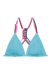 Světle modrý trojúhelníkový bikiny top s texturovaným vzorem, vícebarevné ramínka v růžové, červené a modré barvě, s pleteným detailem na zádech.