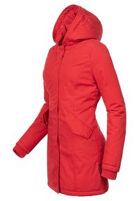 Giacca impermeabile rossa con cappuccio, due tasche frontali, polsini a coste e chiusura con zip. Tessuto liscio con una forma aderente.
