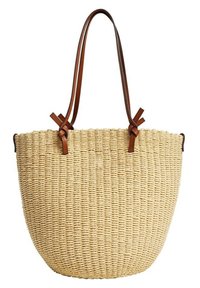 Sac en paille tressée de couleur naturelle avec des poignées en cuir marron, présentant une forme arrondie et une surface texturée.