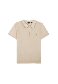 Polo à manches courtes beige avec un motif texturé, patte de boutonnage à trois boutons et un petit logo d'arbre doré sur la poitrine gauche. Tissu en mélange de coton.