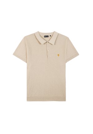 Beige Poloshirt mit kurzen Ärmeln, strukturiertem Muster, drei Knöpfen und einem kleinen goldenen Baum-Logo auf der linken Brust. Baumwollmischgewebe.