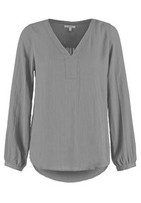 Blouse grise à manches longues avec un col en V, un tissu texturé et un ourlet légèrement incurvé. Dotée de poignets froncés et d'un motif discret de rayures horizontales.