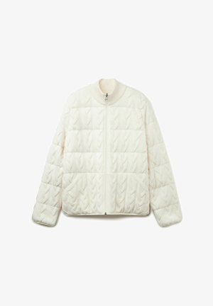 Weiß gesteppte Zip-Jacke mit einem gerippten Kragen und Zopfmuster. Verfügt über Fronttaschen und einen lässigen Schnitt.