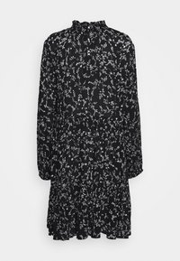 Robe noire à manches longues avec motif floral blanc, col montant à volants et jupe à volants superposés.