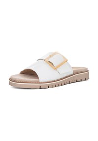 White leather slide sandal with a wide strap and gold buckle accent. Features a cushioned footbed and textured rubber outsole.