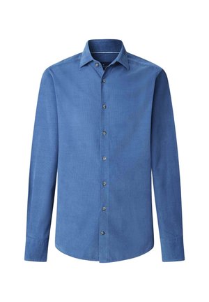 Blue long-sleeve shirt made of smooth fabric, featuring a button-down front, pointed collar, and a straight hem with a subtle texture.