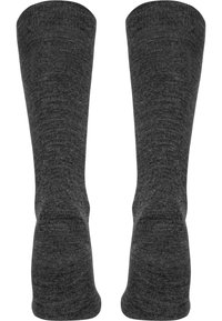 Dunkelgraue Socken aus weichem, strukturiertem Stoff mit gerippten Bündchen, die eine glatte Oberfläche und ein einheitliches Erscheinungsbild aufweisen.