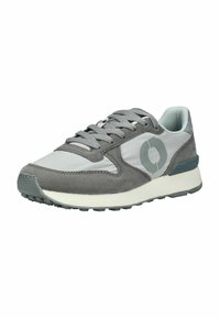 Grauer Sportschuh mit einem Obermaterial aus Wildleder und Synthetik, abgerundetem Zehenbereich, Schnürverschluss, gepolstertem Kragen und Gummisohle.