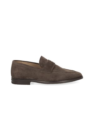 Dark brown suede men's loafer with low heel and classic penny strap detail, shown in side profile on white background.