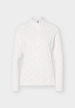 Hvitt treningsplagg med langermet topp, subtilt mønster av lyse oransje og grå blader, kvartglidelås i kragen, tettsittende silhuett.